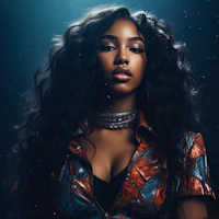 a black woman with long black hair is posing in front of a dark background